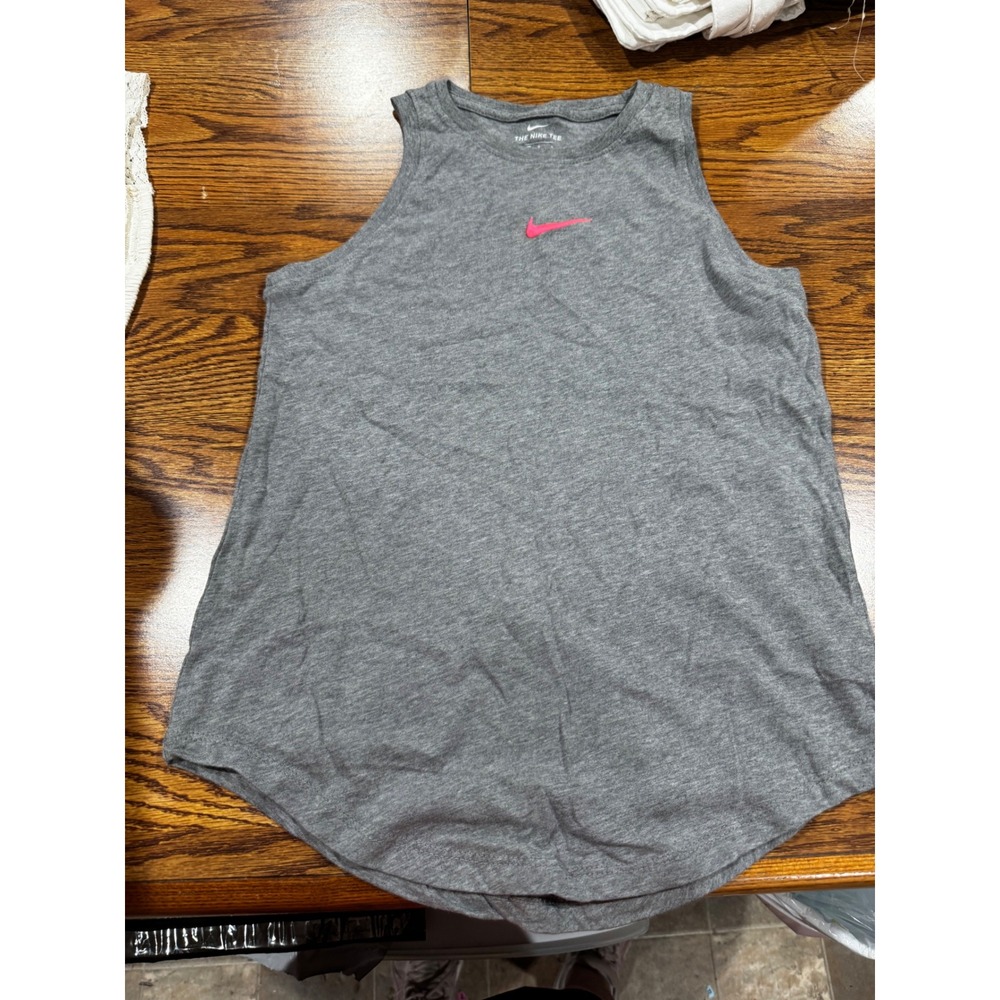 Nike Girls Gray Sleeveless Tank Top Pink Swoosh Logo Size Large L Heathered Gray